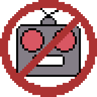 A robot face with the no smoking circle over it